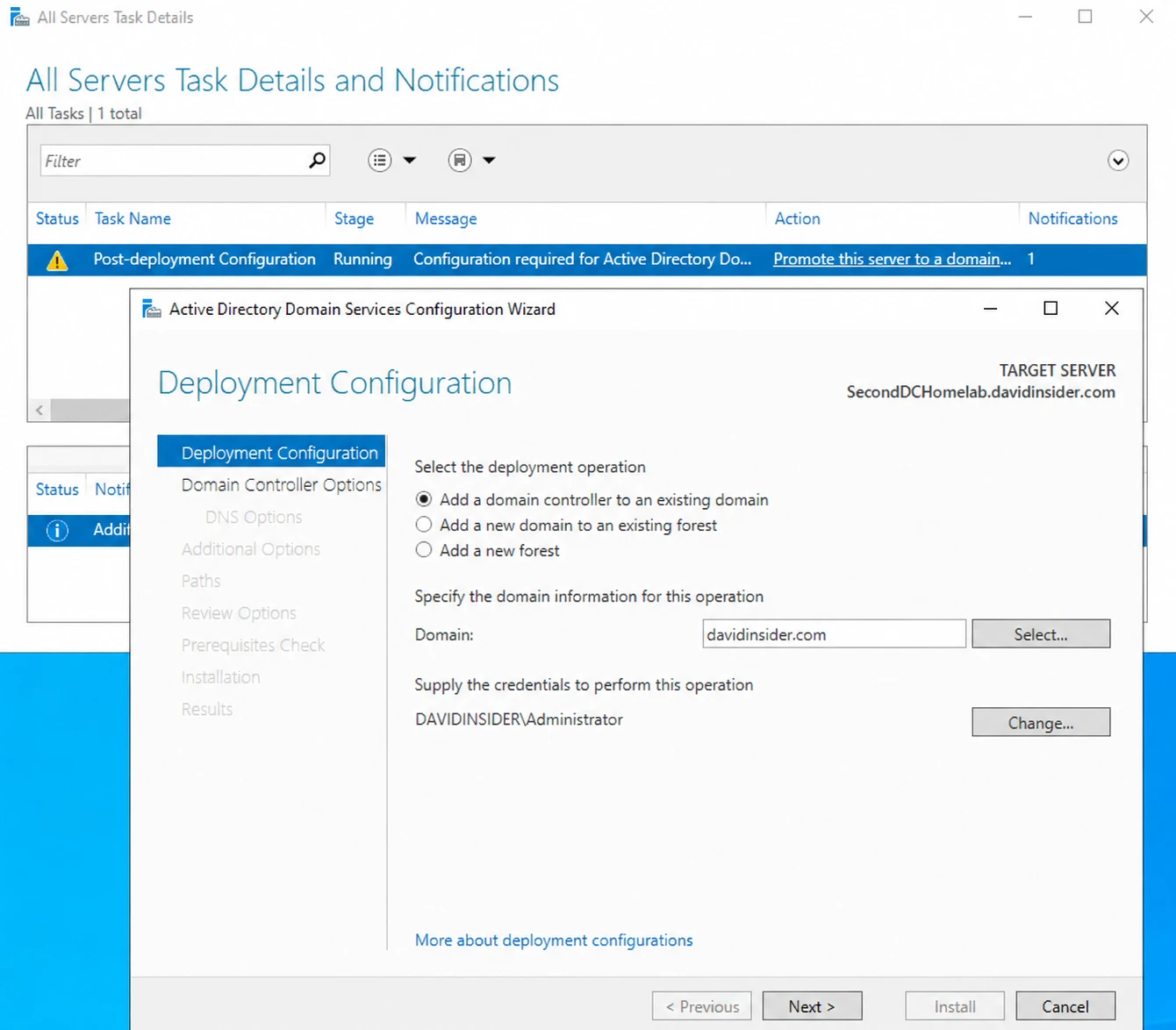 Choosing to add a domain controller to the existing domain