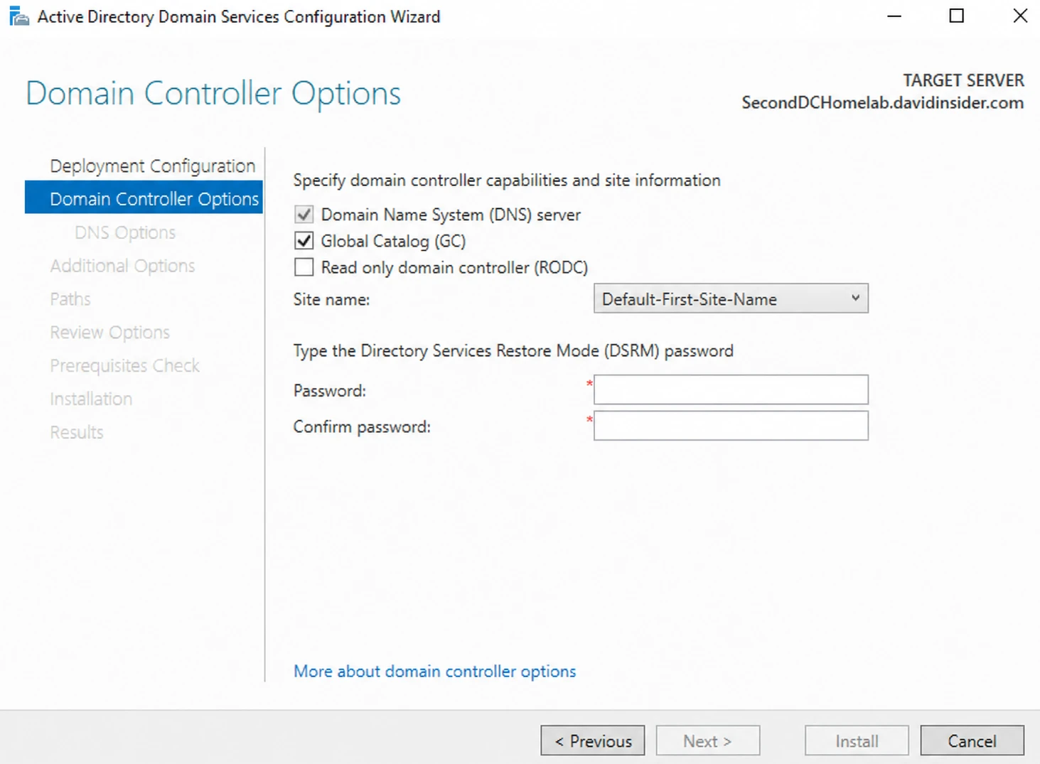 Domain Controller Options before the DSRM password