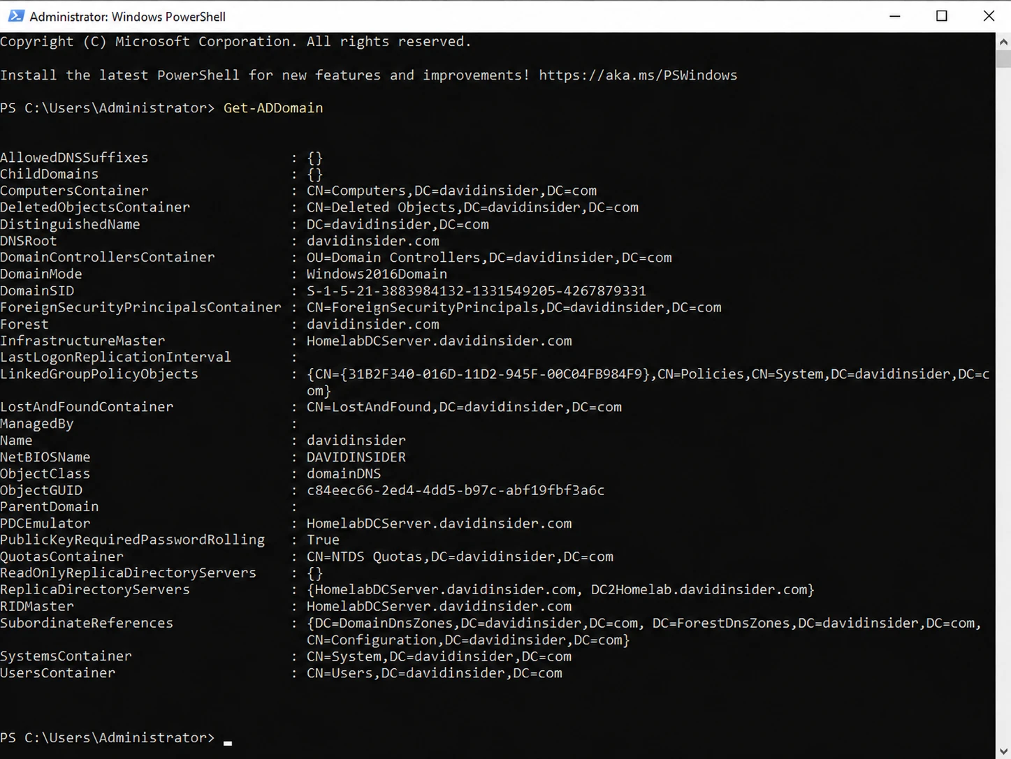 Get-ADDomain output on the new domain controller