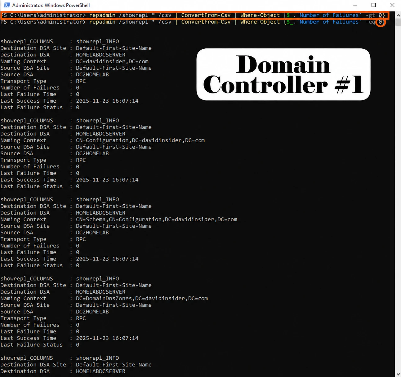 Checking for replication failures on the first DC