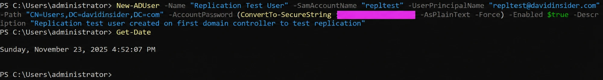 Creating the repltest user on the first DC