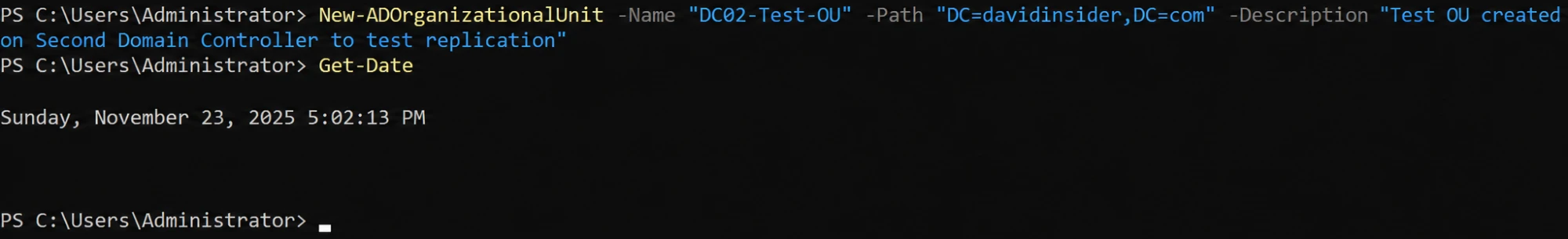 Creating a test OU on the second DC