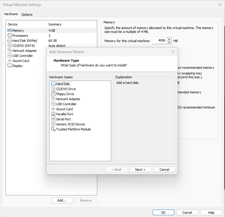 Selecting the disk type