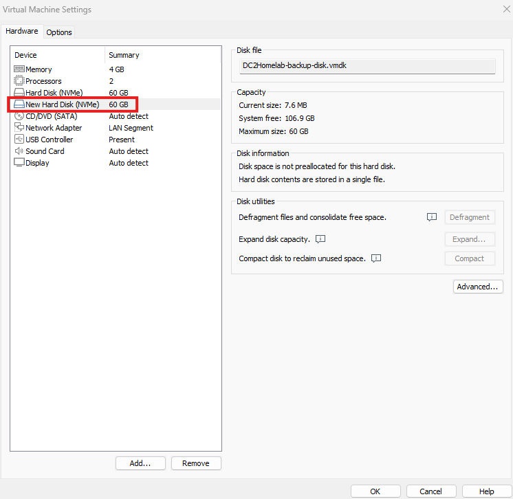 The new disk added to the VM