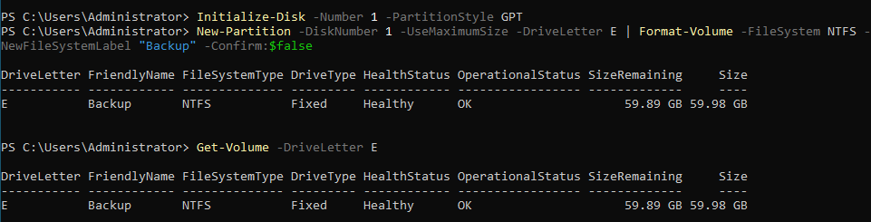 Initializing and formatting the new disk, then checking it with Get-Volume