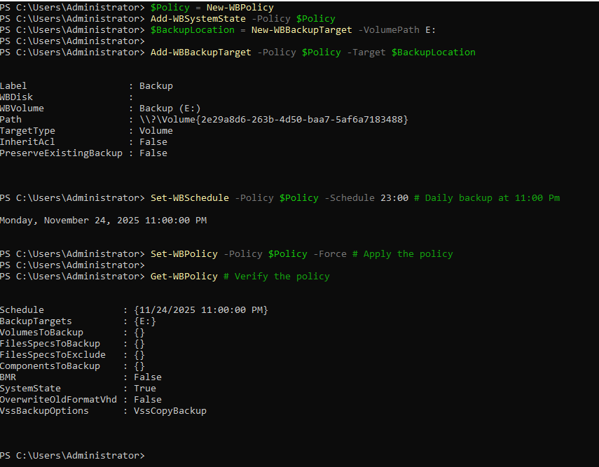 Creating the backup policy in PowerShell