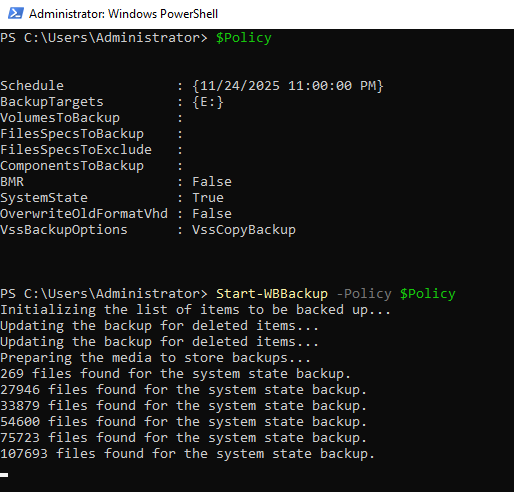 Starting the manual backup