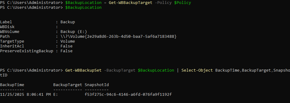 Get-WBBackupSet output