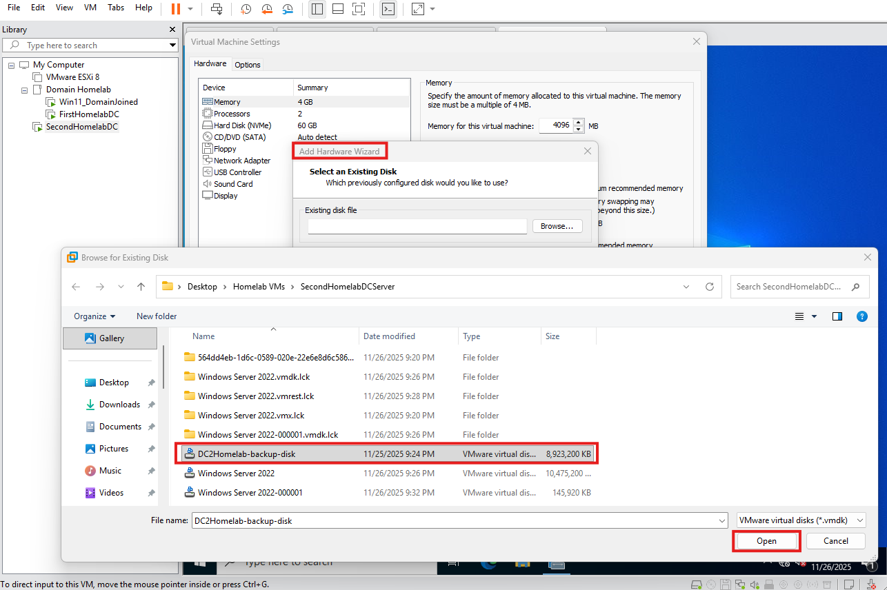 Attaching the backup disk to the new VM