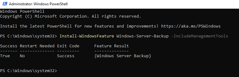 Installing Windows Server Backup on the new VM