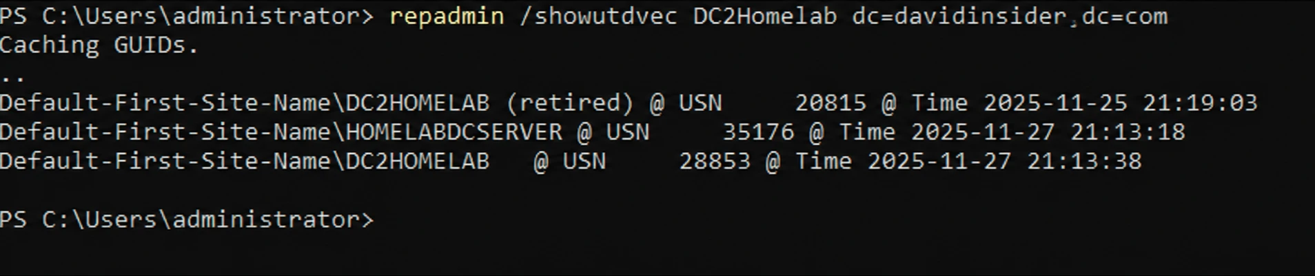 repadmin /showutdvec on the first domain controller