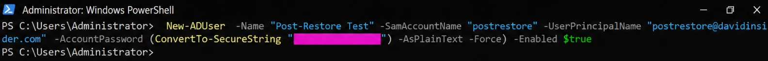 Creating a new user on the restored DC