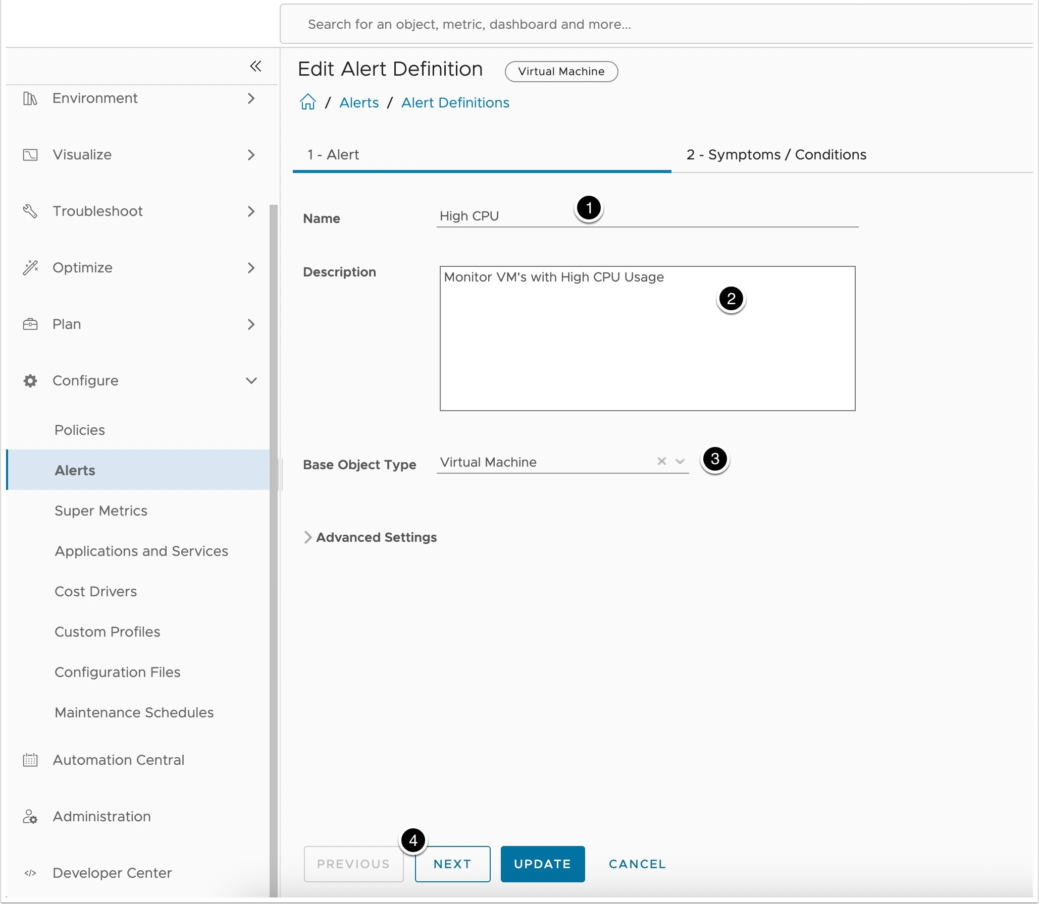 Naming the alert and setting the base object type