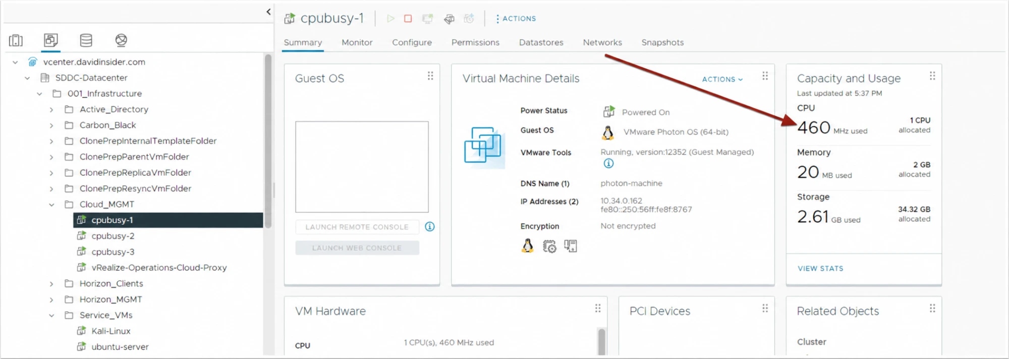 The VM&rsquo;s CPU climbing in vCenter