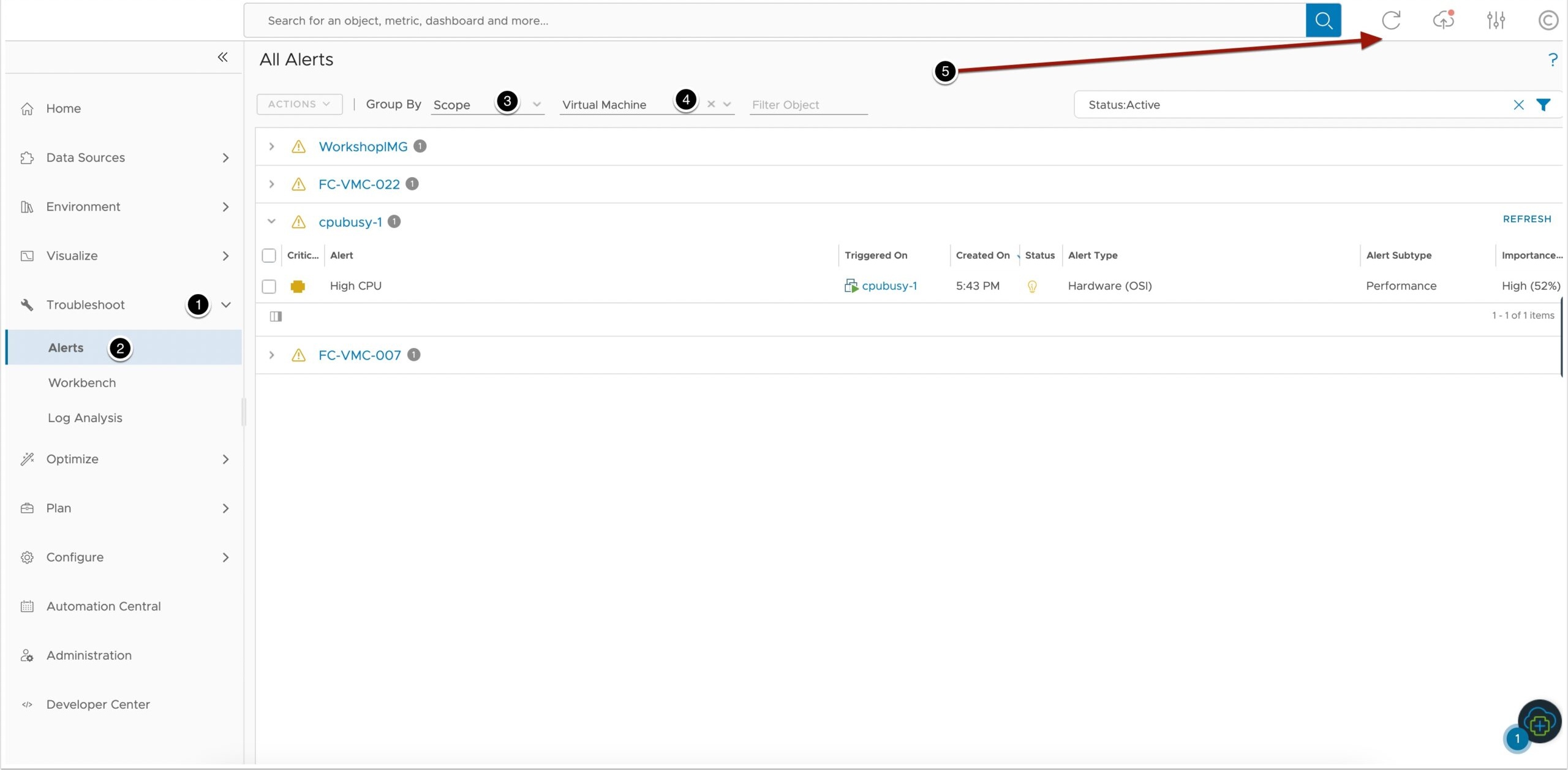 The high CPU alert showing in Aria Operations