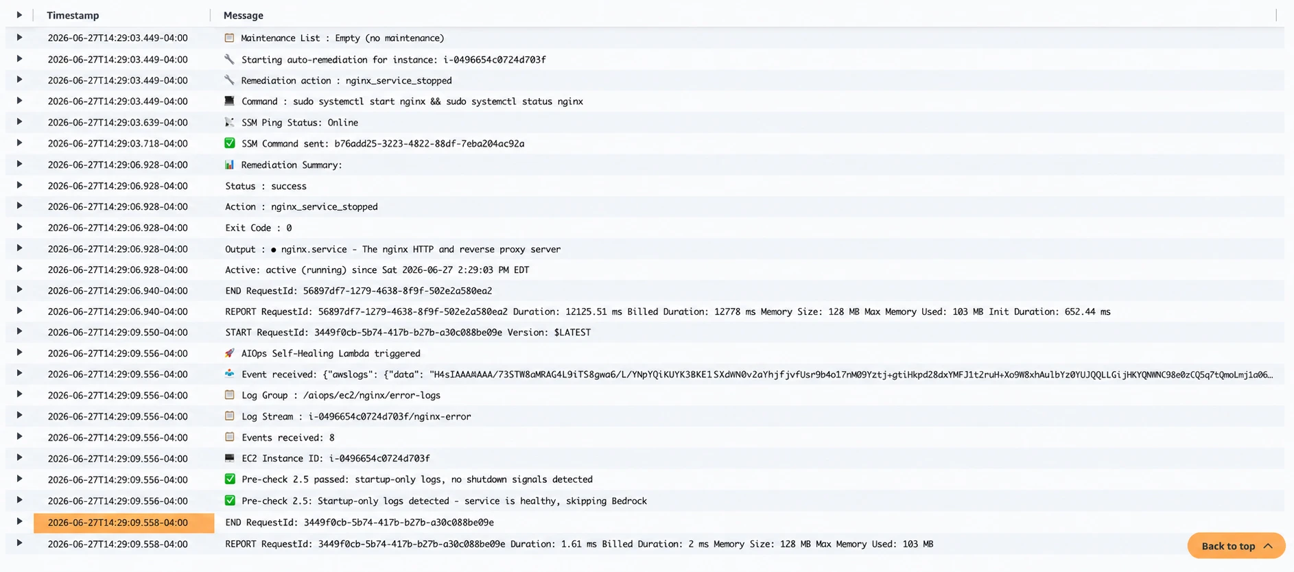 SSM remediation output, then the startup-only second trigger skipped before Bedrock analysis