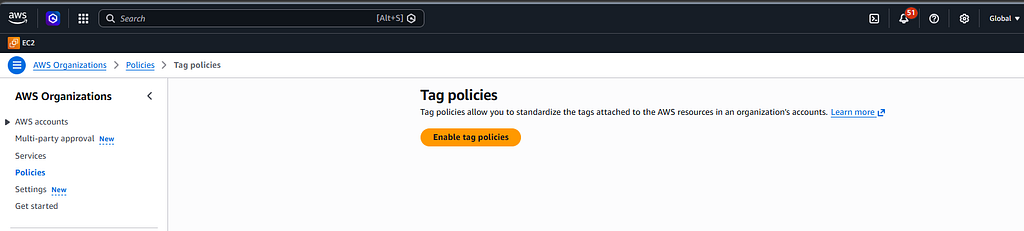 Tag Policies enabled in AWS Organizations