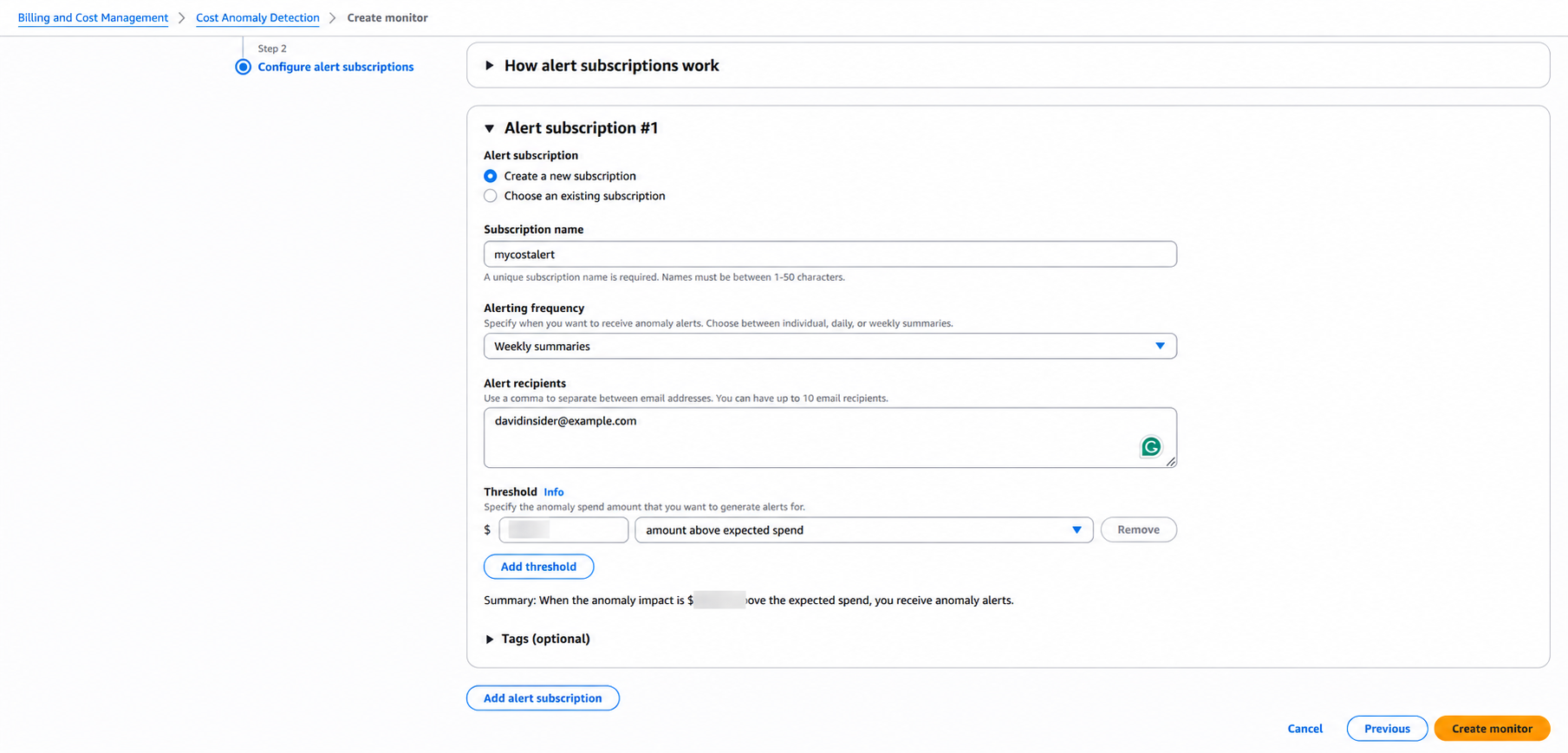 Cost anomaly alert threshold and subscriber settings