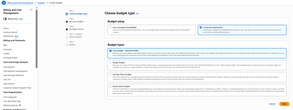 AWS Budgets create-budget workflow