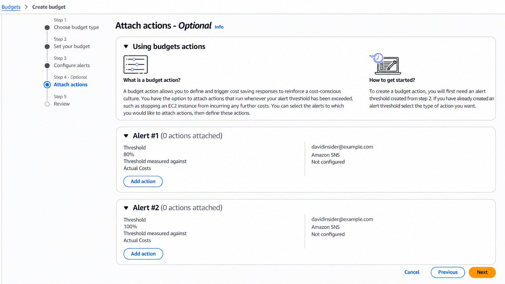 Attach actions step showing the 80% and 100% budget alerts