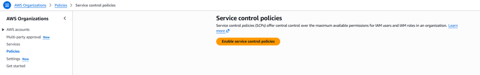 Service Control Policies enabled in AWS Organizations