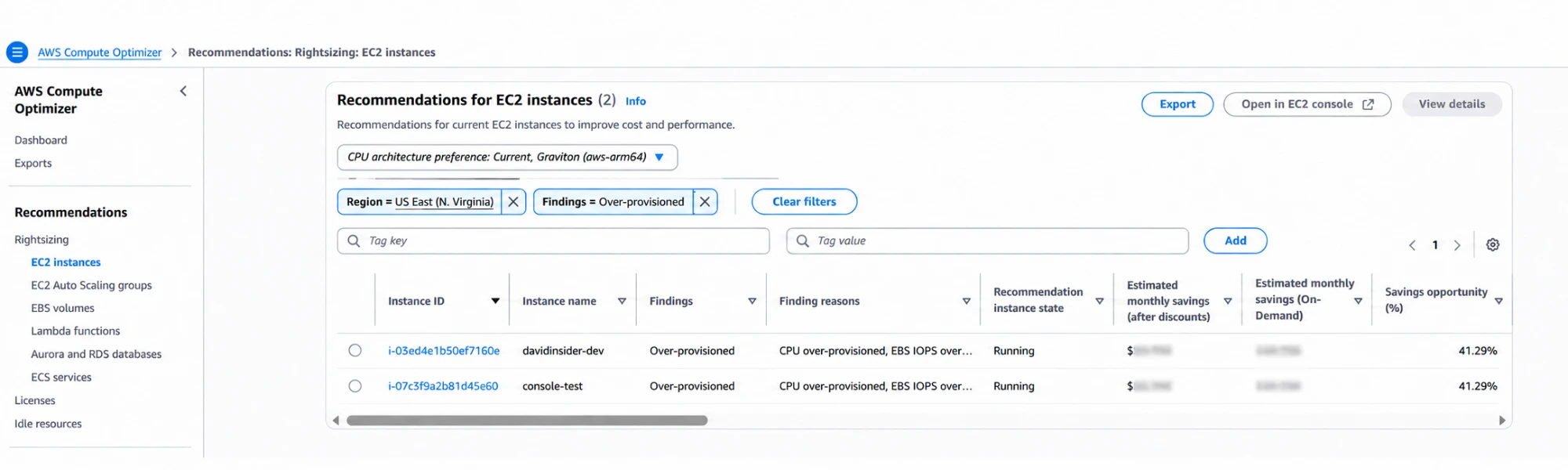 AWS Compute Optimizer EC2 recommendations