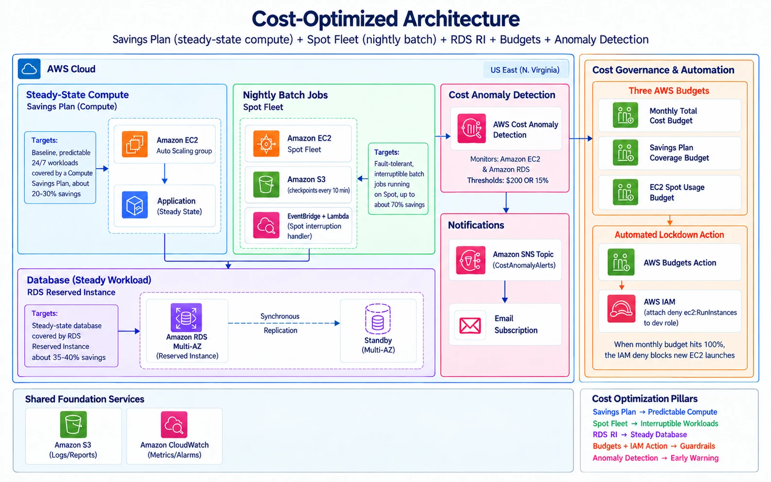 Build an AWS Cost-Optimization Stack with Savings Plans, Spot, RDS Commitments, Budgets, and Anomaly Detection