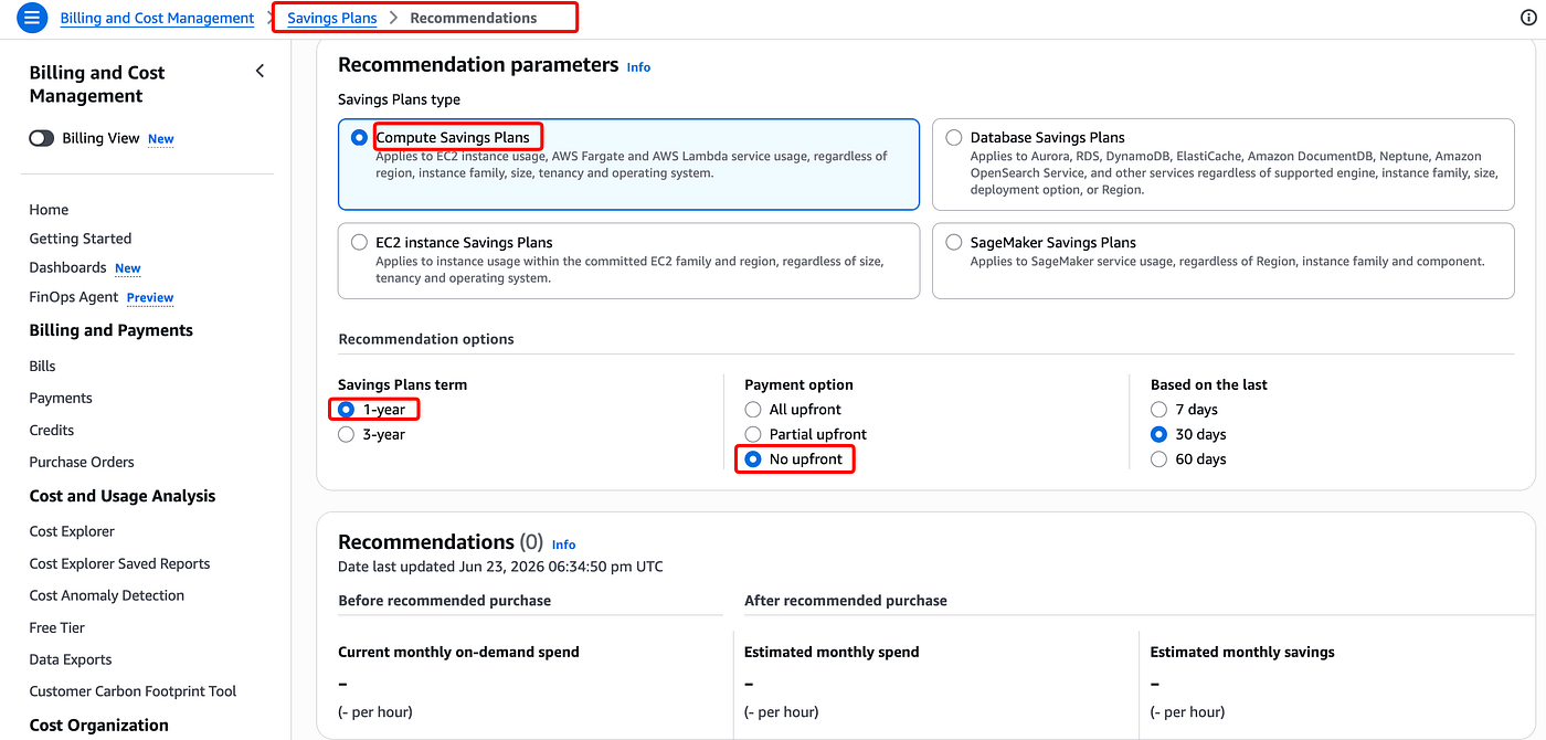 Savings Plans recommendation settings: Compute, 1-year, No upfront