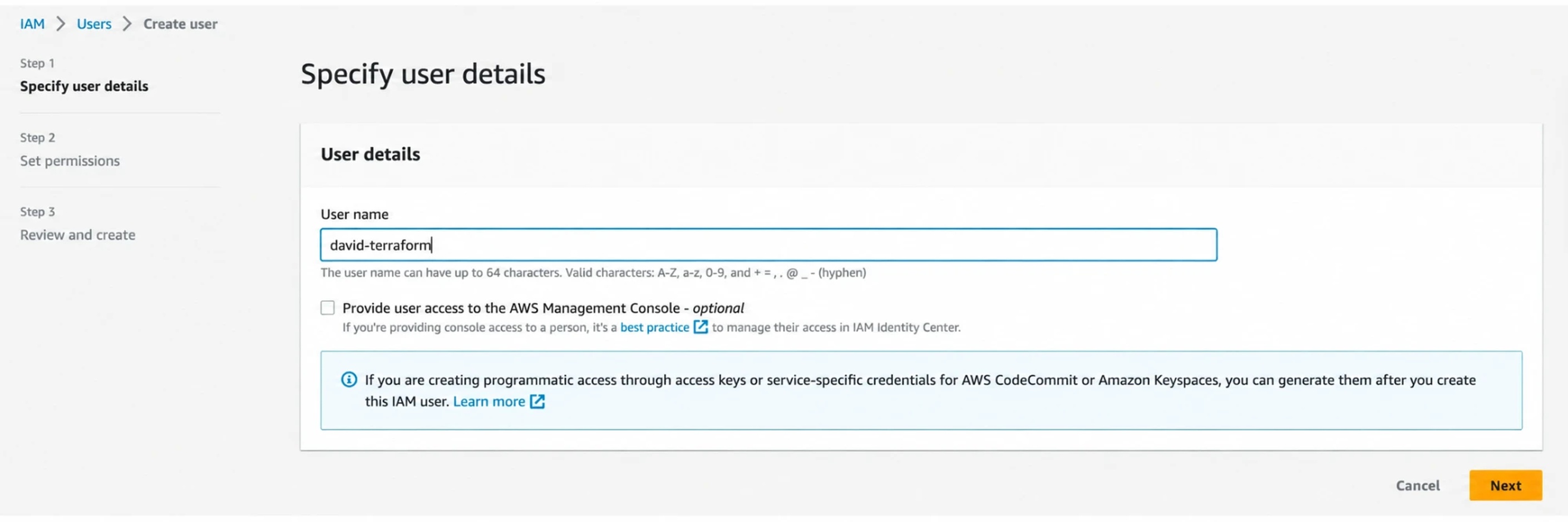 Creating the IAM user for Terraform.