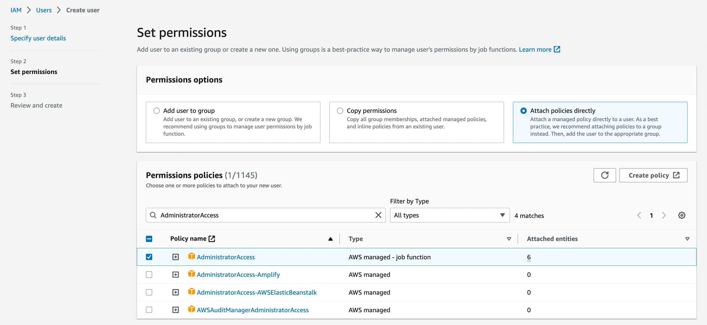 The broad AdministratorAccess assignment on the IAM user.