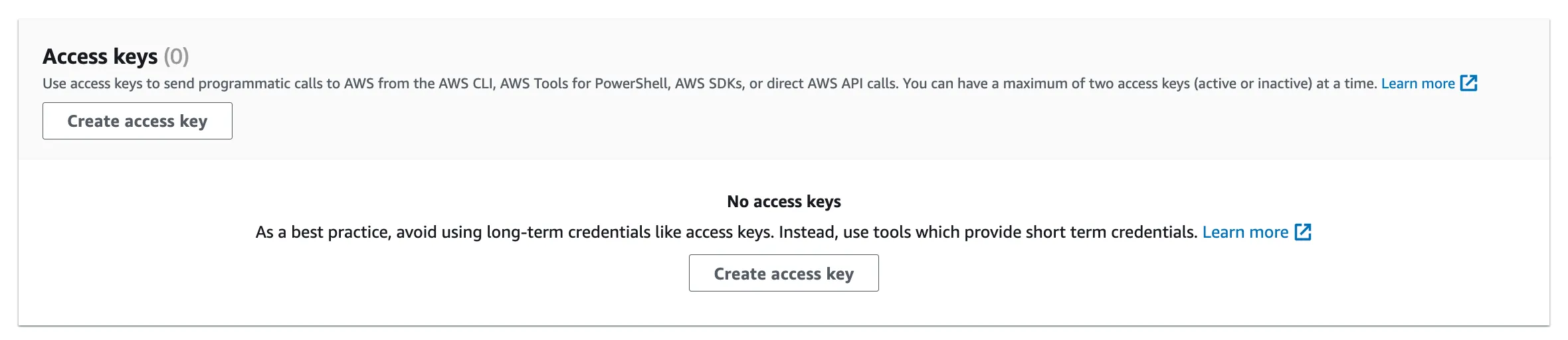 The IAM user’s empty access-key section.