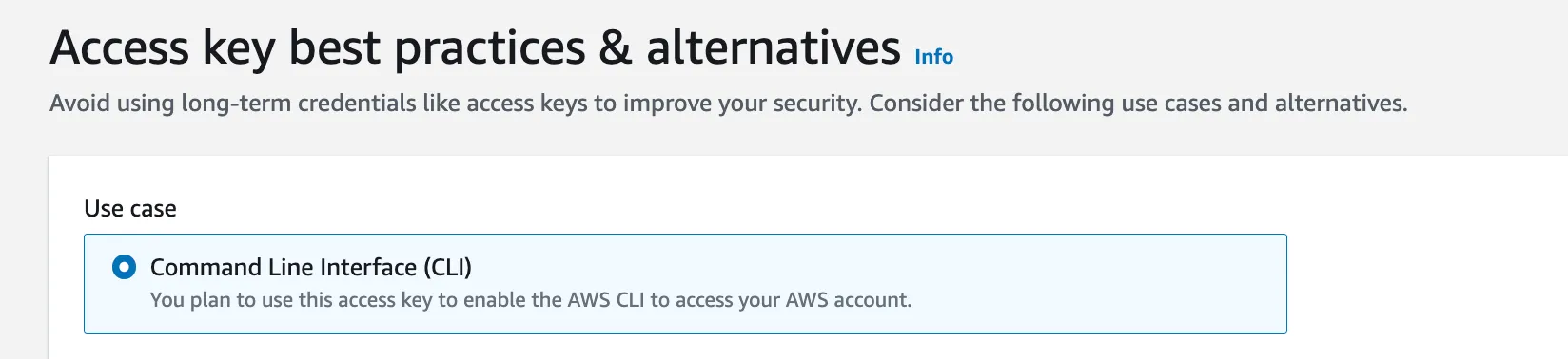 Selecting the CLI access-key use case.