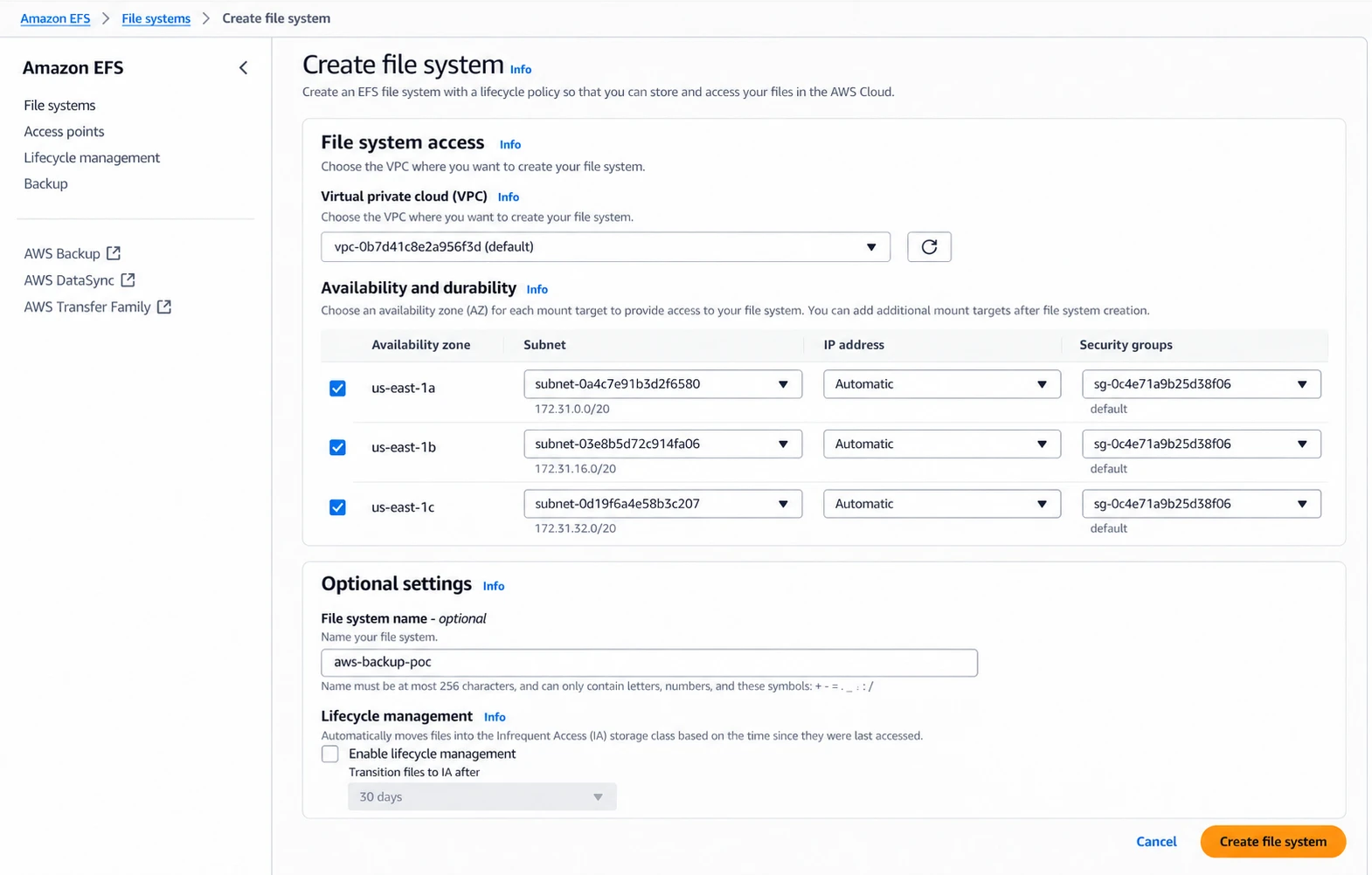 Creating the EFS file system.