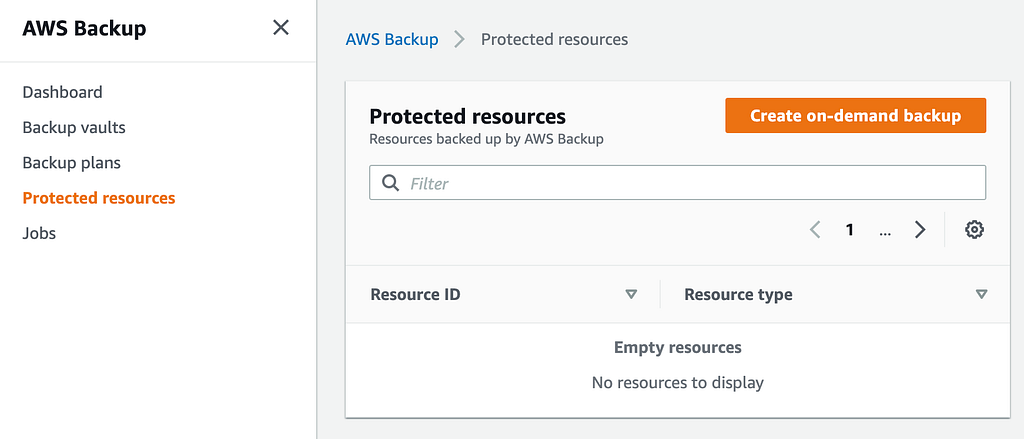 Starting an on-demand backup from AWS Backup.