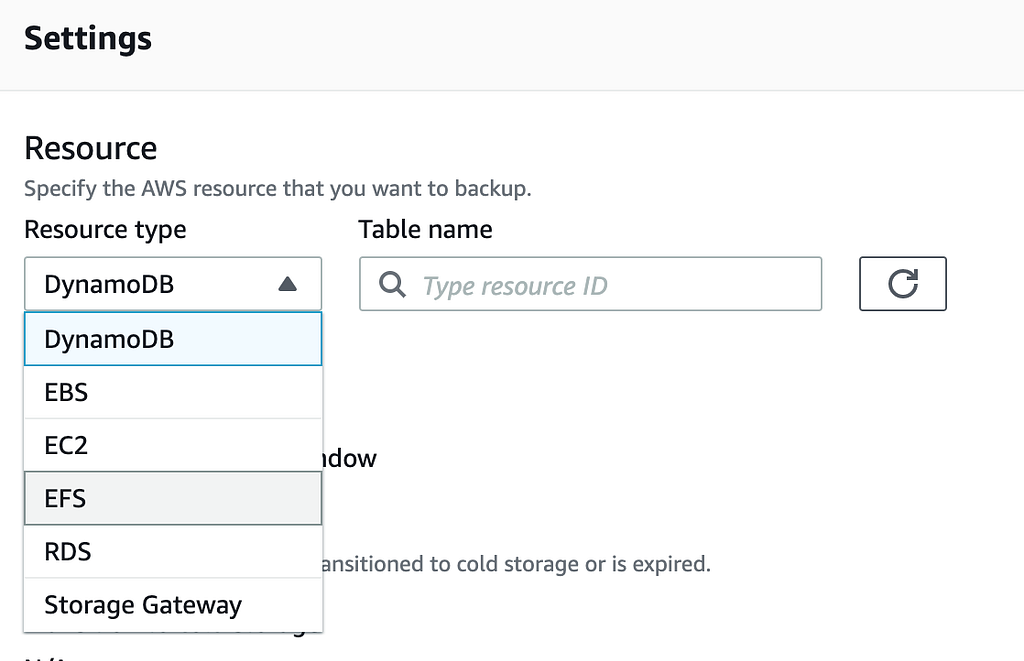 Selecting Amazon EFS as the resource type.