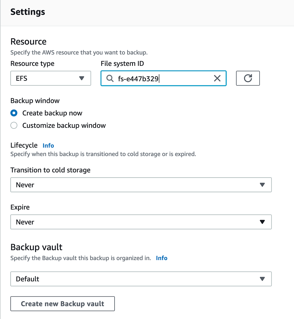 Configuring the backup window, lifecycle, and backup vault.