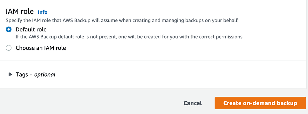 Using the default AWS Backup role and creating the backup.