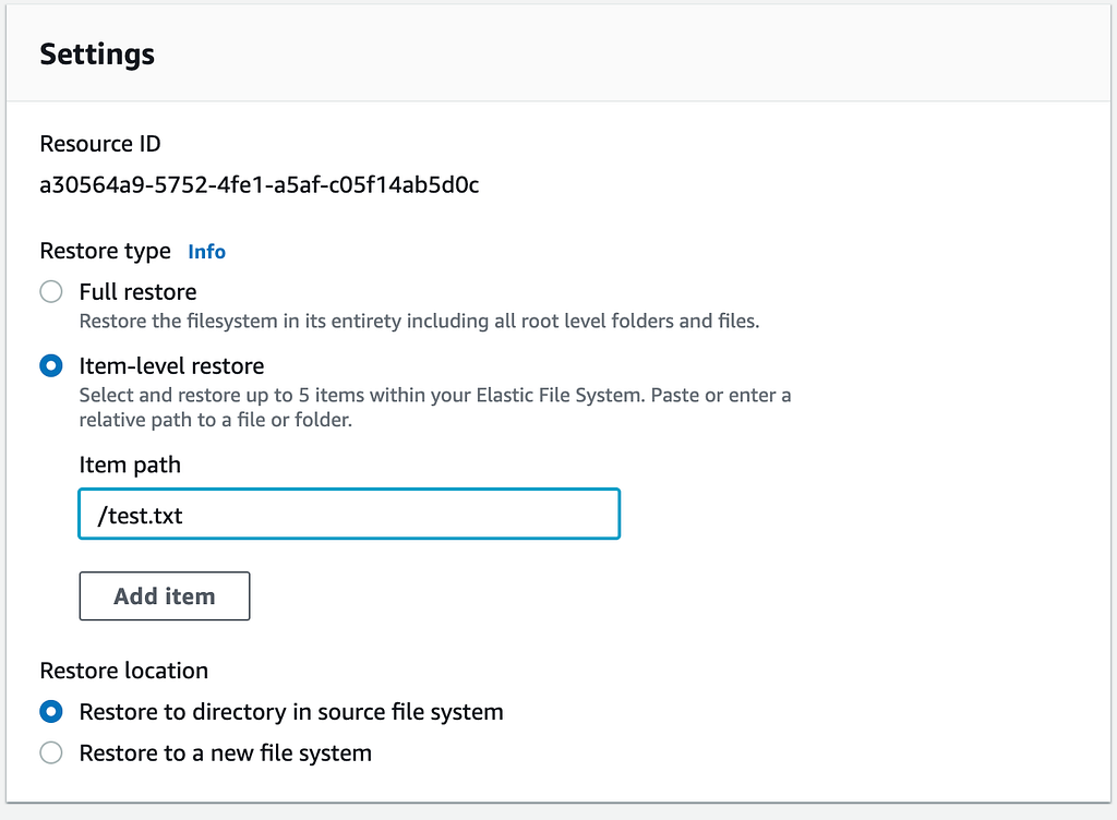Restoring only /test.txt to the source EFS file system.