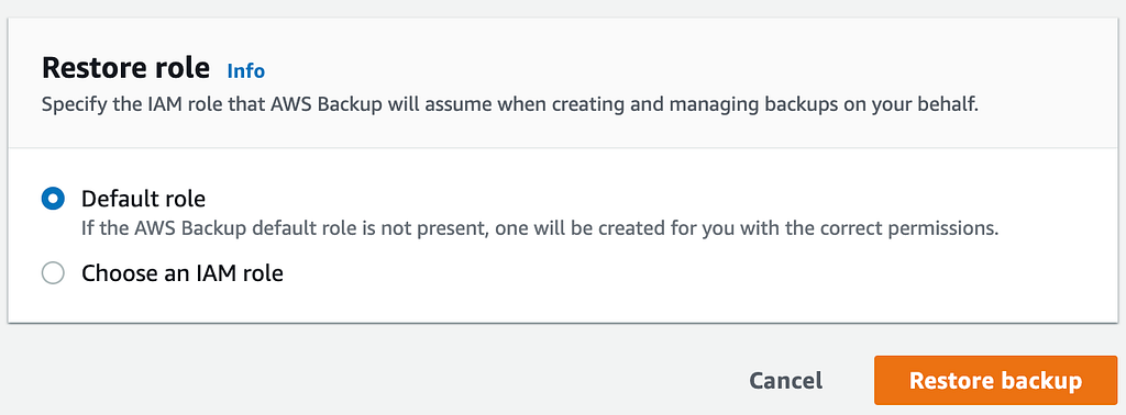 Confirming the restore role and starting the restore.