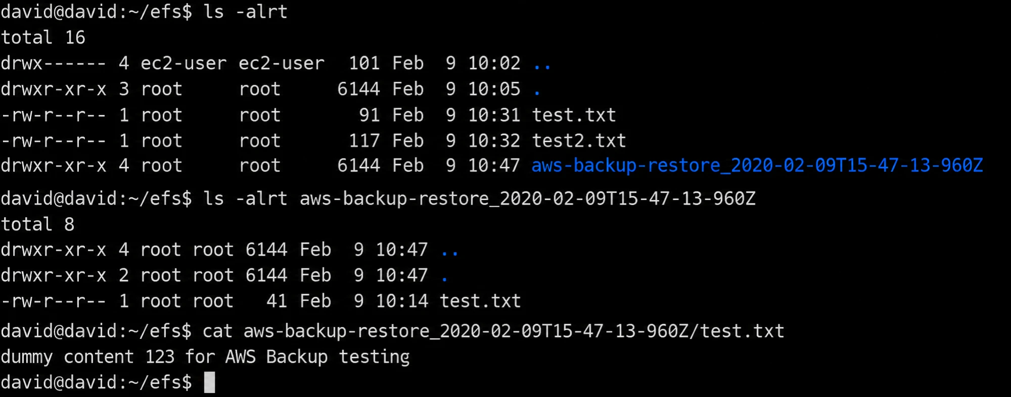 The restored copy contains the original pre-backup text.