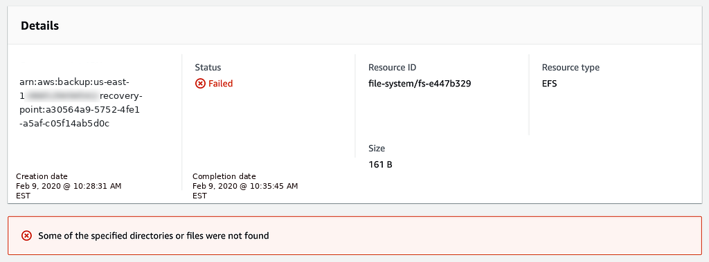 A failed restore caused by an invalid item path.