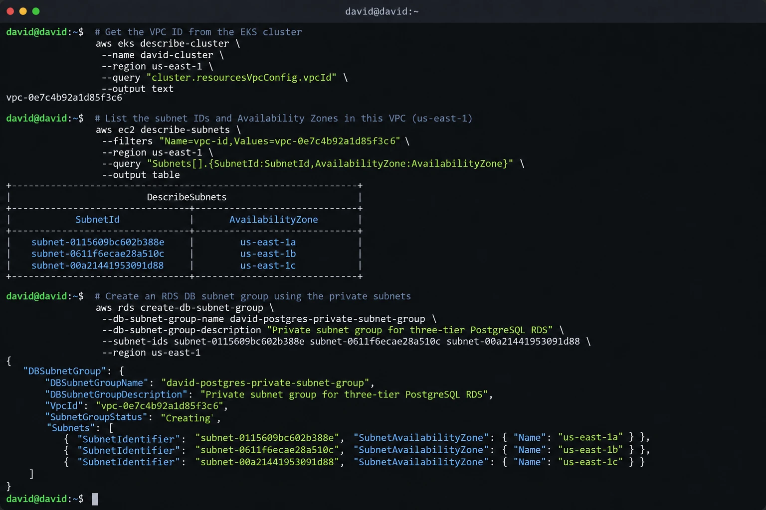 Private subnets selected for the RDS subnet group