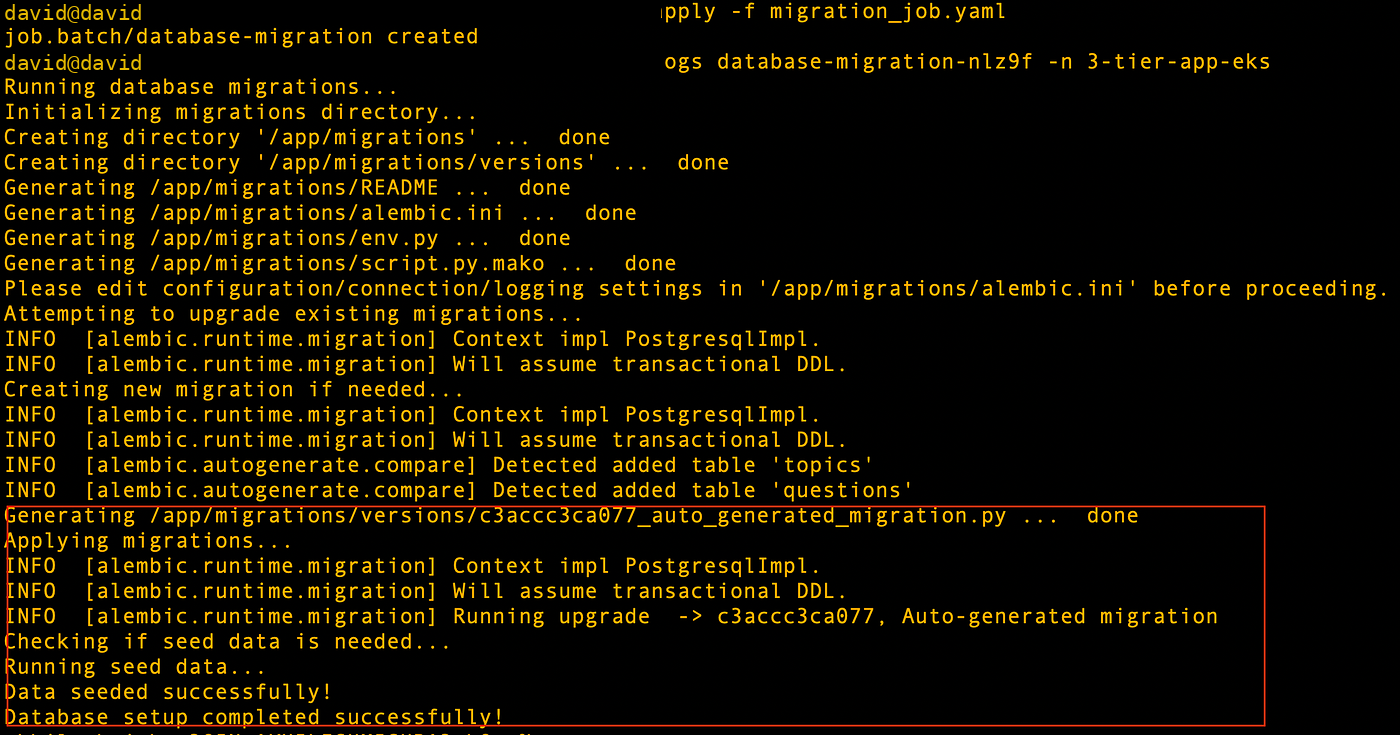 Database migration Job completing in the application namespace