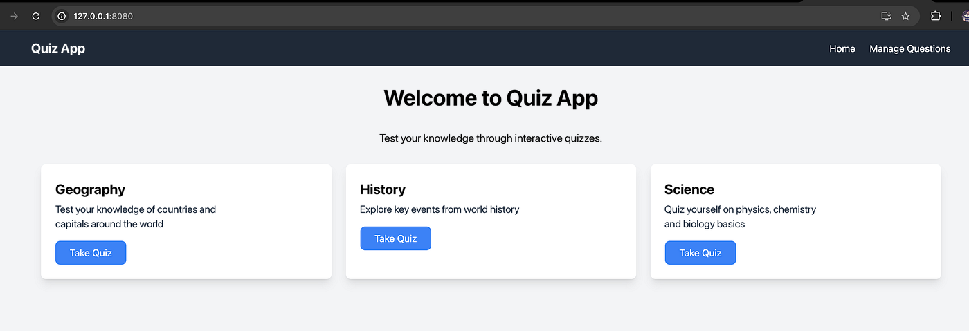 Frontend quiz application accessed locally