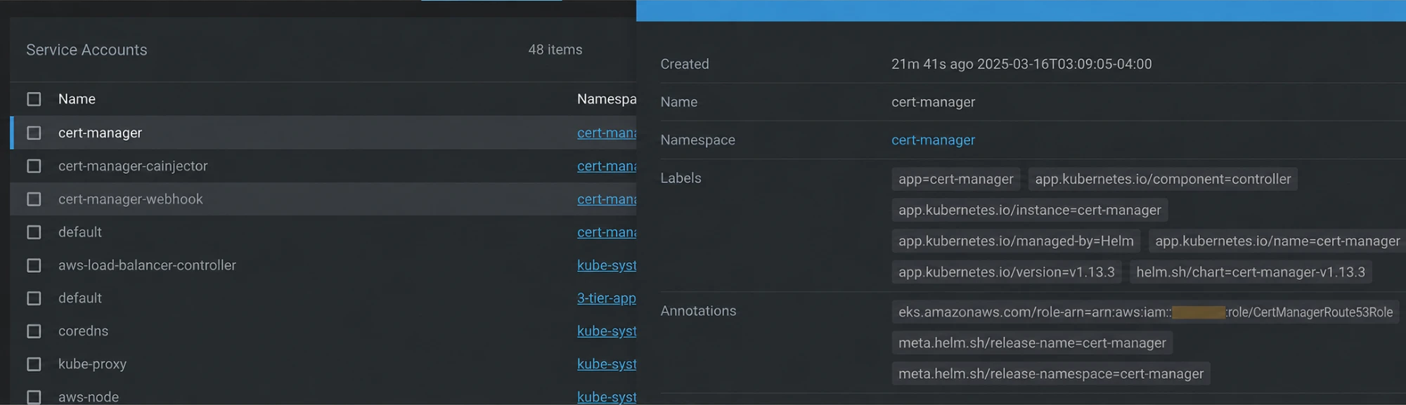 cert-manager service account annotated with the IAM role