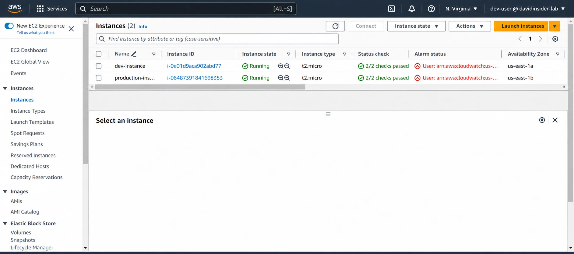 Verifying the signed-in user and AWS Region.