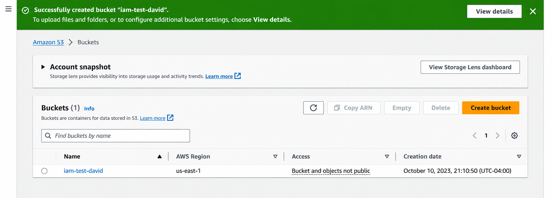 Creating the first S3 test bucket.
