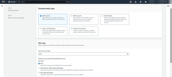 Selecting EC2 as the trusted service for the IAM role.