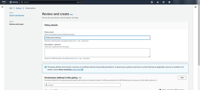 Reviewing and creating IAMBucketTestPolicy.
