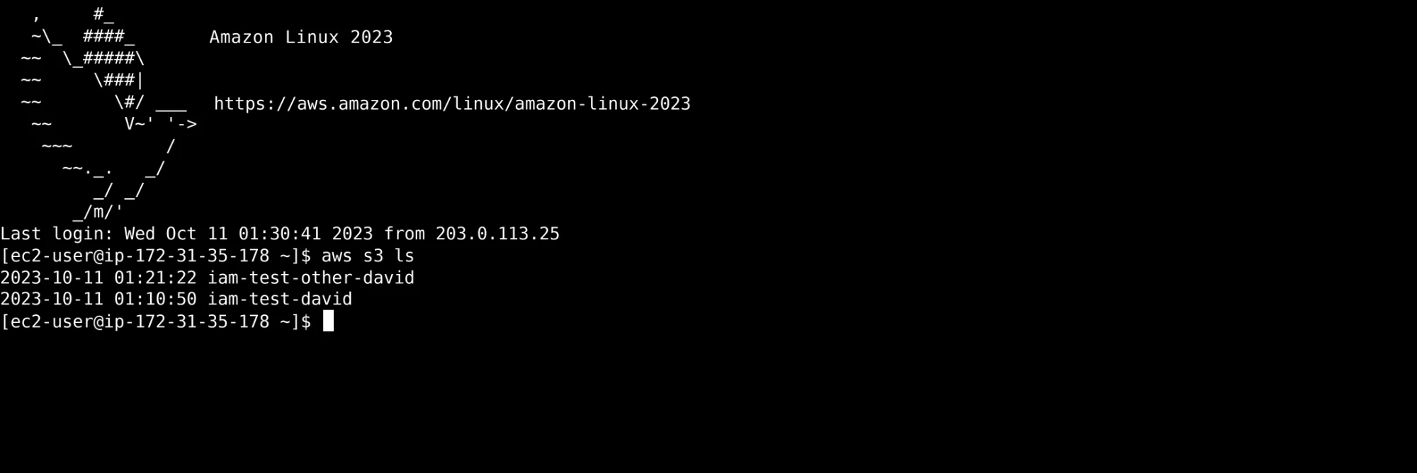 The EC2 instance using its attached role to list S3 buckets.